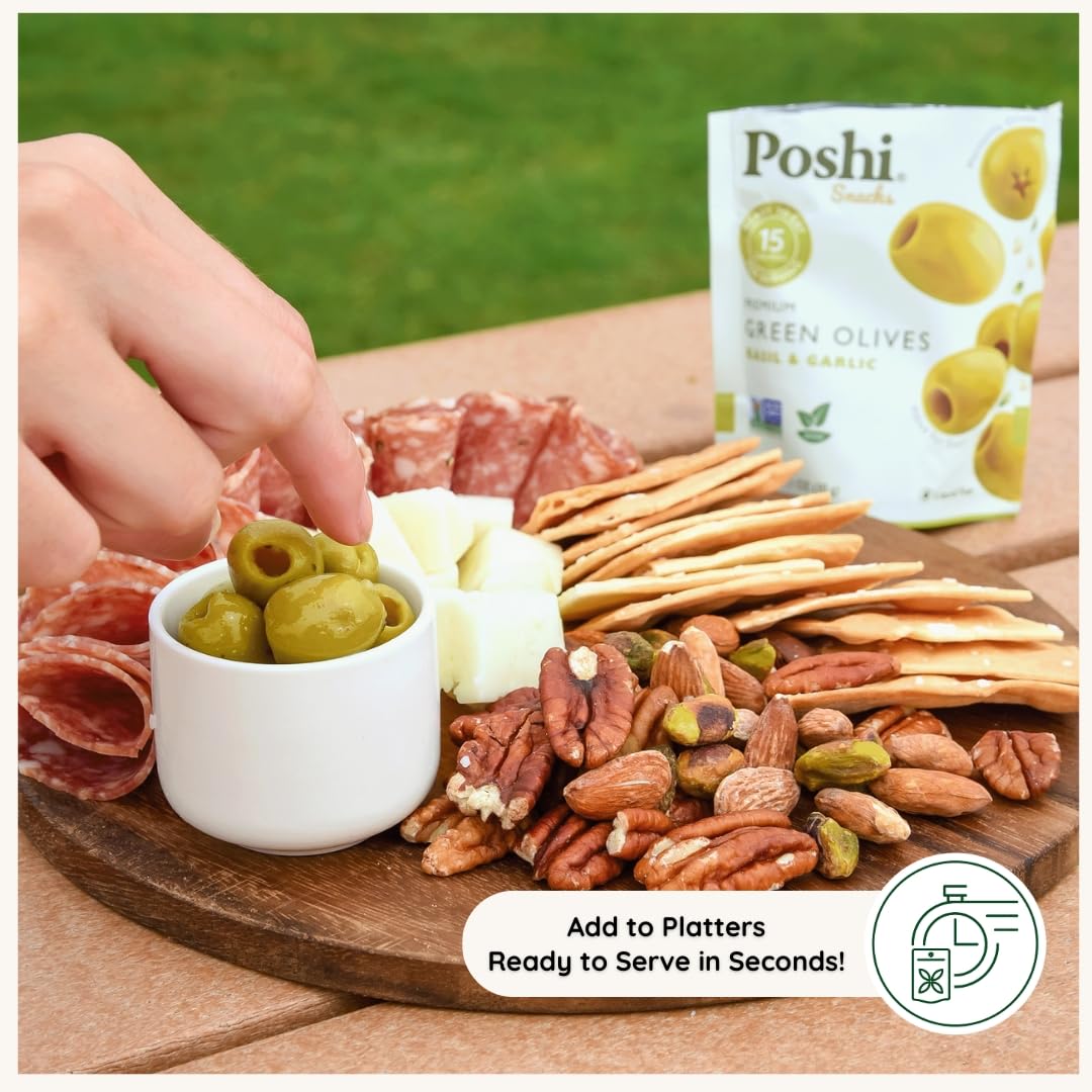 POSHI Green Pitted Olives - Basil & Garlic | Vegan, Gluten-Free, Keto-Friendly Snack Pack (30 x 1.1oz)