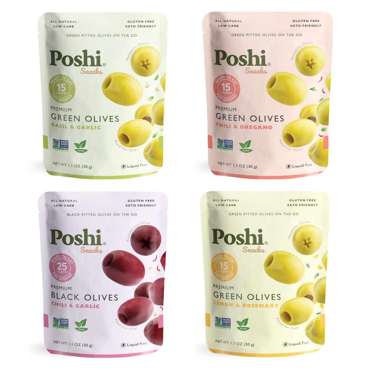 Poshi Natural Whole Pitted Olives – 24 Pack Variety (Basil & Garlic, Chili & Oregano, Chili + Garlic, Lemon & Rosemary)