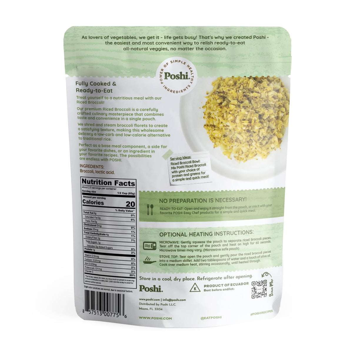 POSHI Riced Broccoli – All-Natural, Ready-to-Eat, Low Carb + Low Calorie, Non-GMO, Gluten Free, 7oz (6 Pack)