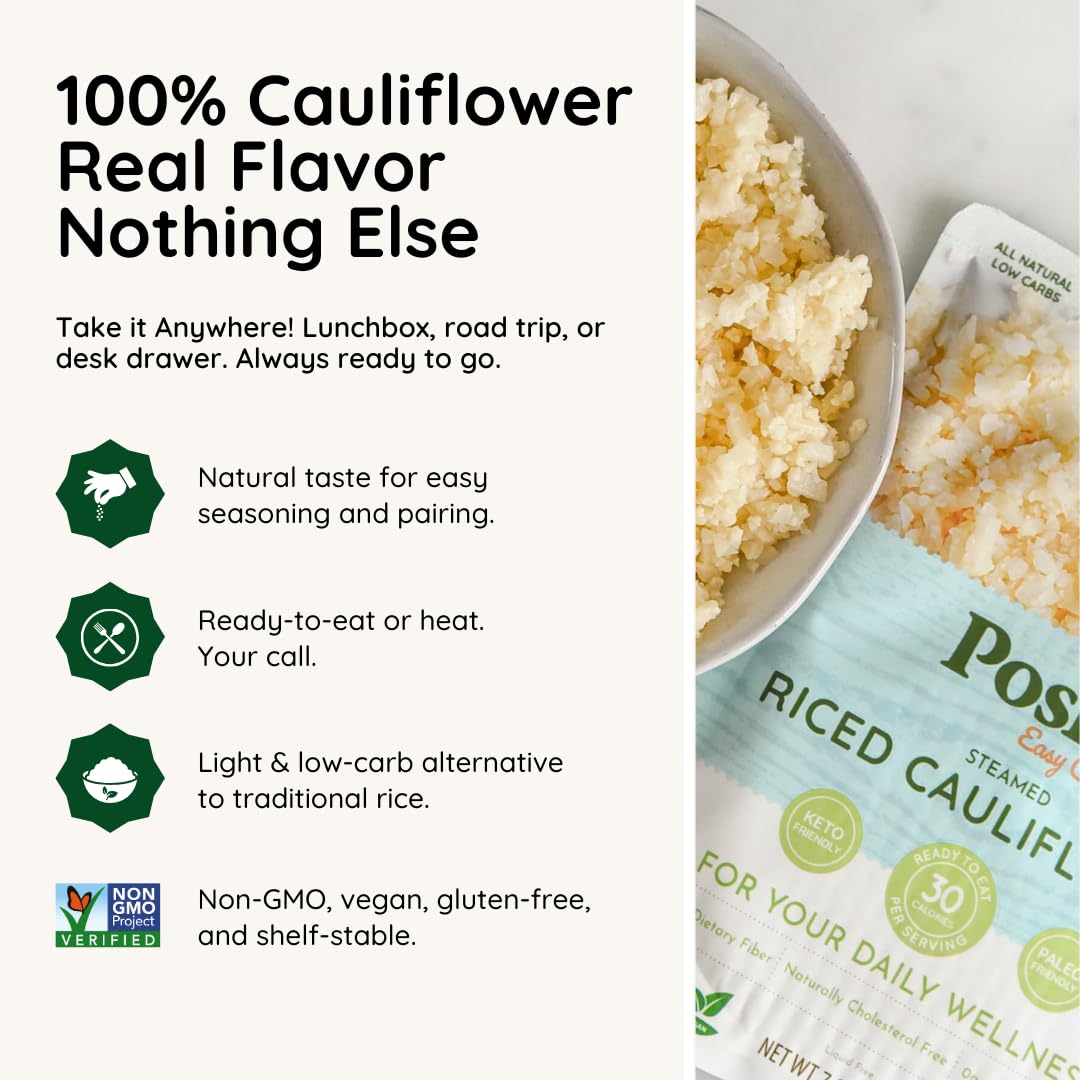 POSHI Riced Cauliflower | All-Natural, Ready-to-Eat, Low-Carb, Gluten-Free (7oz, 6 Pack)