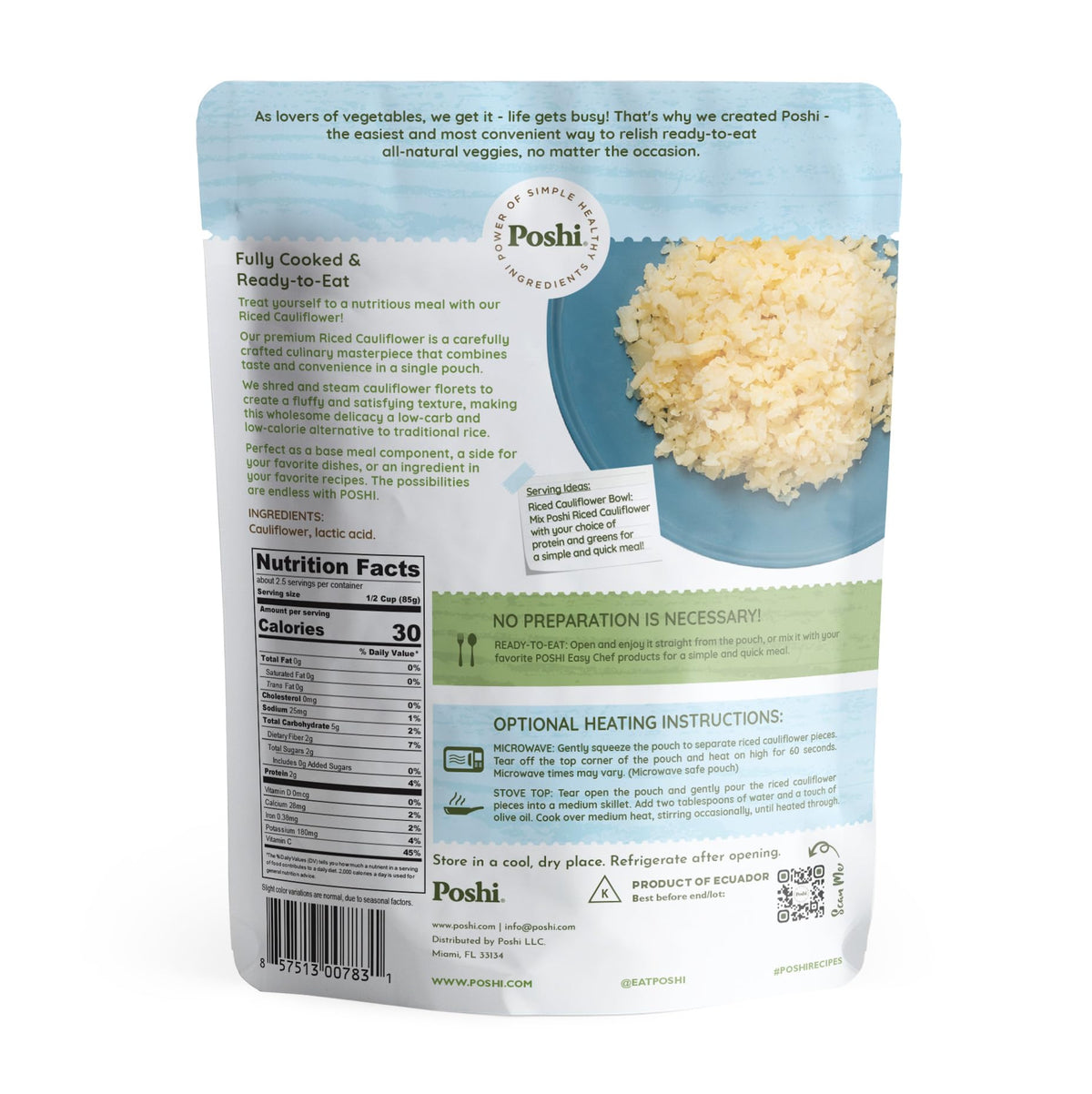 POSHI Riced Cauliflower | All-Natural, Ready-to-Eat, Low-Carb, Gluten-Free (7oz, 6 Pack)