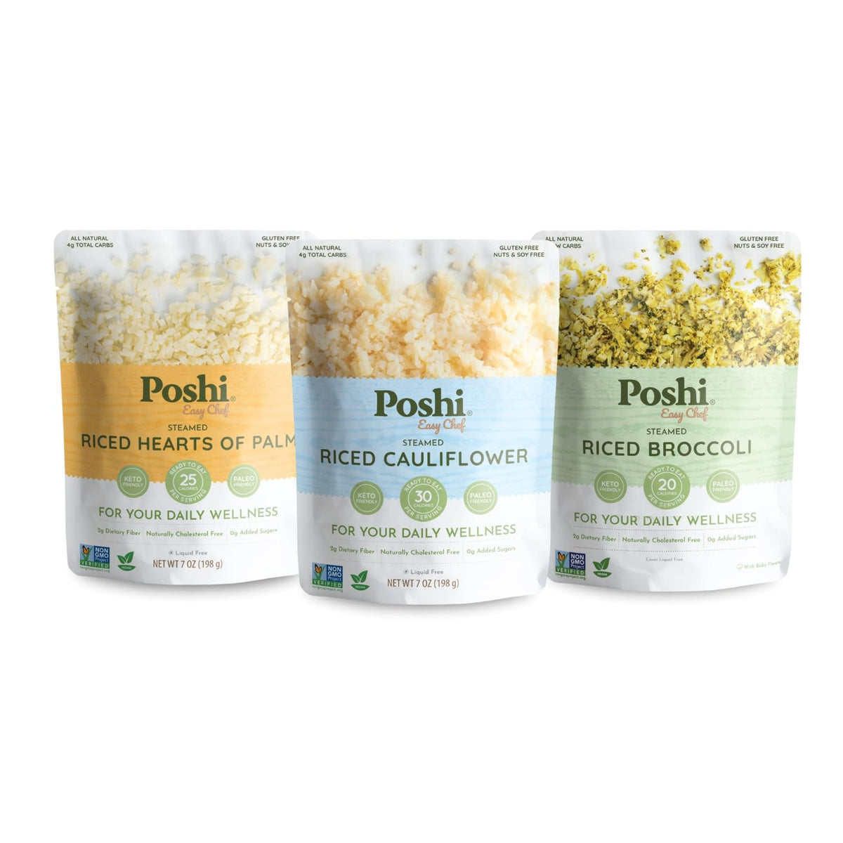 POSHI Riced Vegetables Variety Pack – Ready-to-Eat, Low-Carb, Gluten-Free (7oz, 6 Pack)