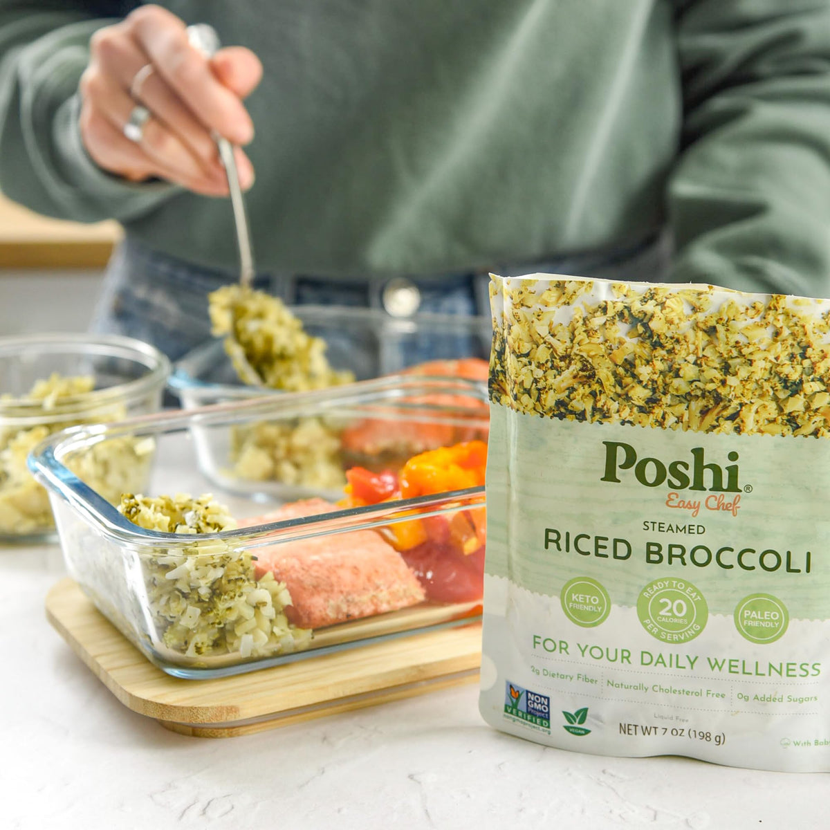 POSHI Riced Broccoli – All-Natural, Ready-to-Eat, Low Carb + Low Calorie, Non-GMO, Gluten Free, 7oz (6 Pack)