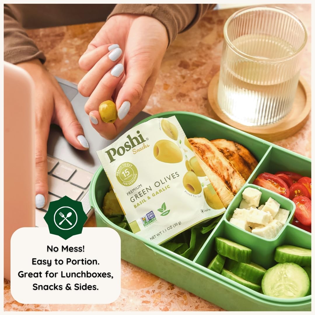 POSHI Green Pitted Olives - Basil & Garlic | Vegan, Gluten-Free, Keto-Friendly Snack Pack (30 x 1.1oz)