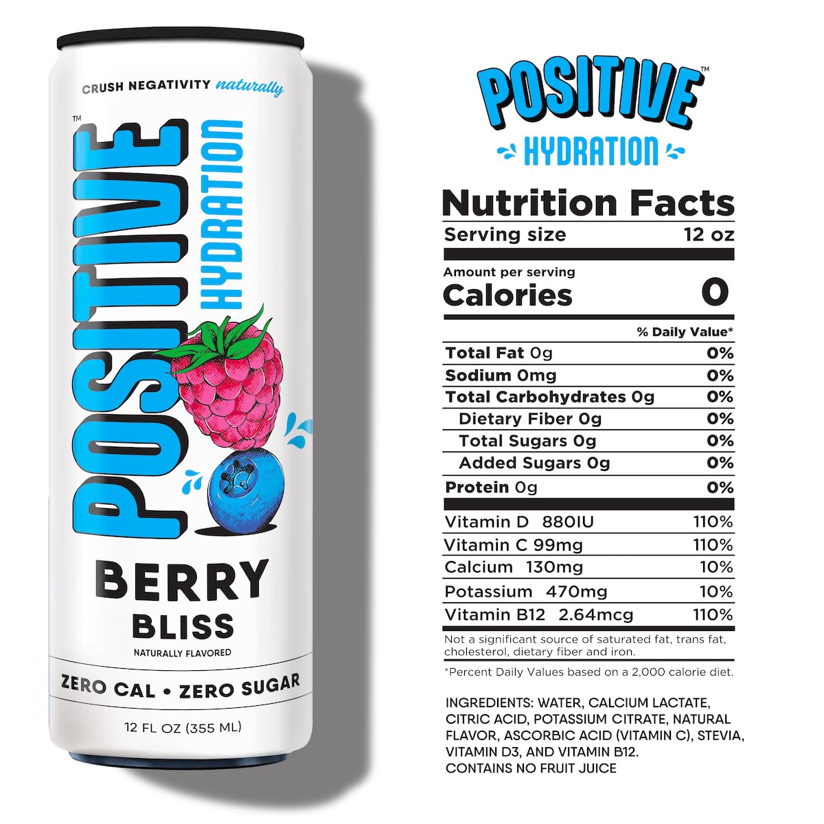 Positive Hydration Berry Bliss | Zero-Calorie Electrolyte Drink | 12-oz Cans (12-Pack)