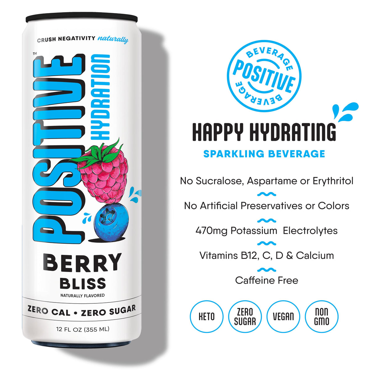 Positive Hydration Berry Bliss | Zero-Calorie Electrolyte Drink | 12-oz Cans (12-Pack)