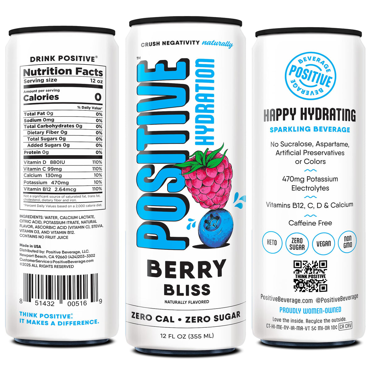 Positive Hydration Berry Bliss | Zero-Calorie Electrolyte Drink | 12-oz Cans (12-Pack)