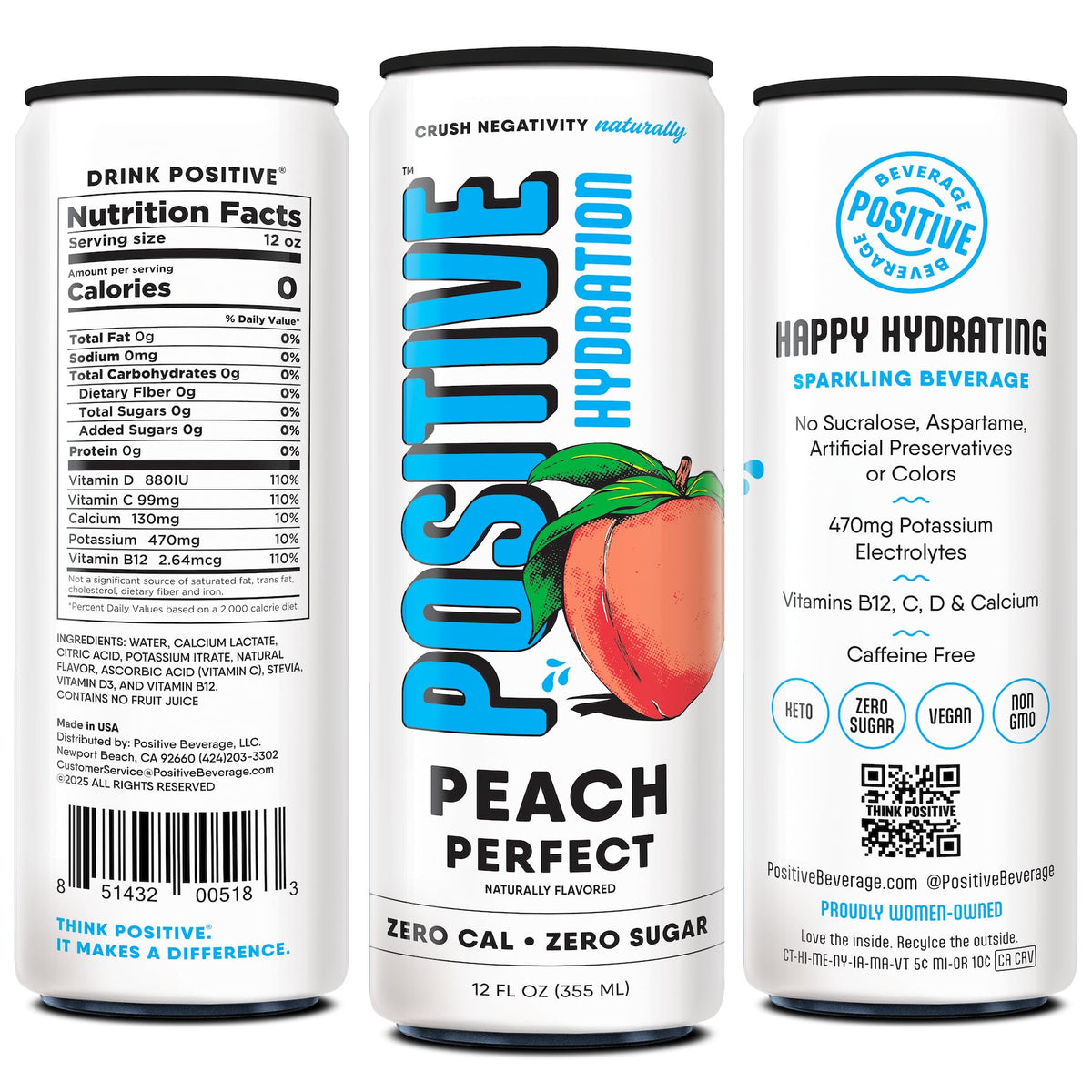 Positive Hydration Electrolyte Beverage – Peach Perfect (Zero Calorie, Vitamin-Enhanced) | 12-Count 12-oz Cans | POSITIVE BEVERAGE