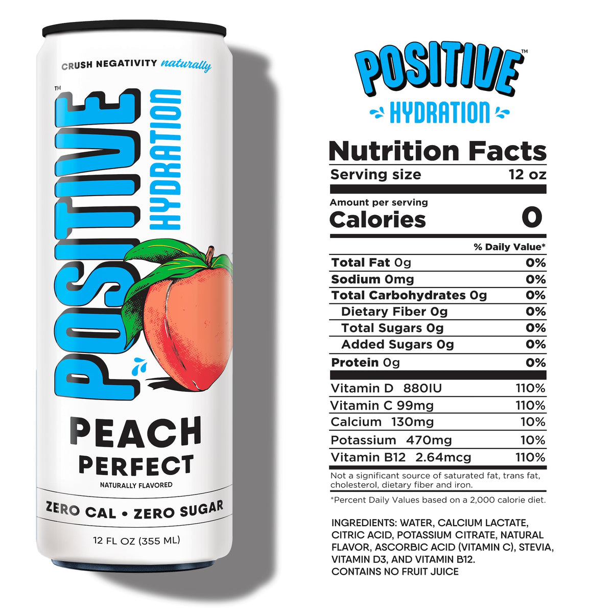 Positive Hydration Electrolyte Beverage – Peach Perfect (Zero Calorie, Vitamin-Enhanced) | 12-Count 12-oz Cans | POSITIVE BEVERAGE