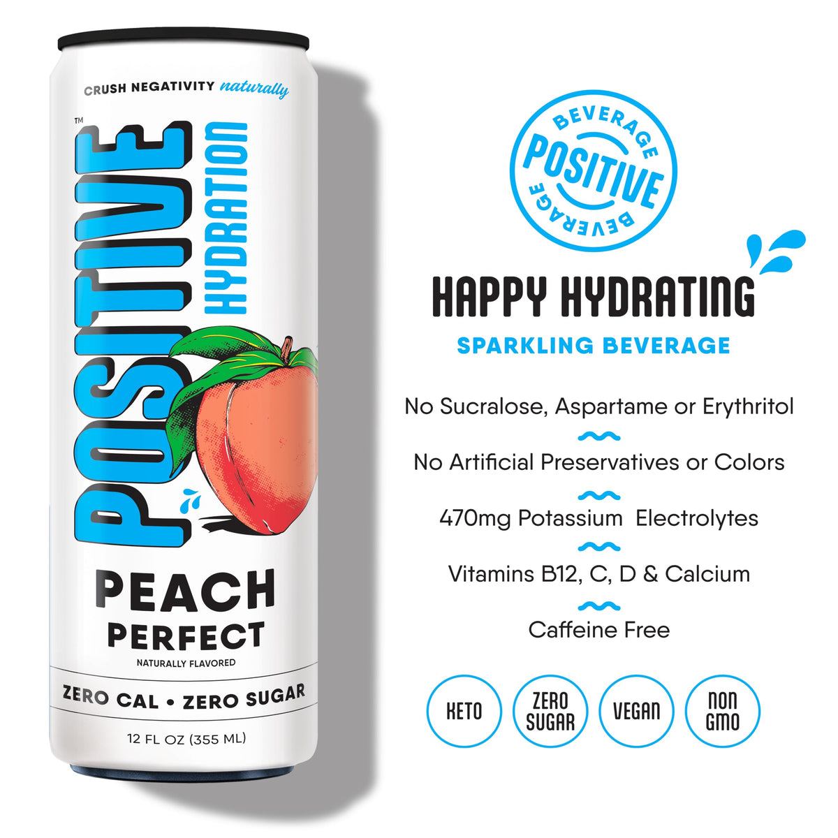 Positive Hydration Electrolyte Beverage – Peach Perfect (Zero Calorie, Vitamin-Enhanced) | 12-Count 12-oz Cans | POSITIVE BEVERAGE