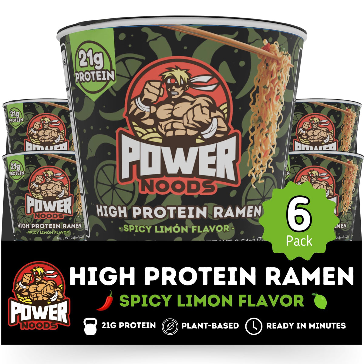Power Noods High Protein Ramen Noodles – 6 or 12 Pack | Plant-Based Instant Meal | Chili Lime