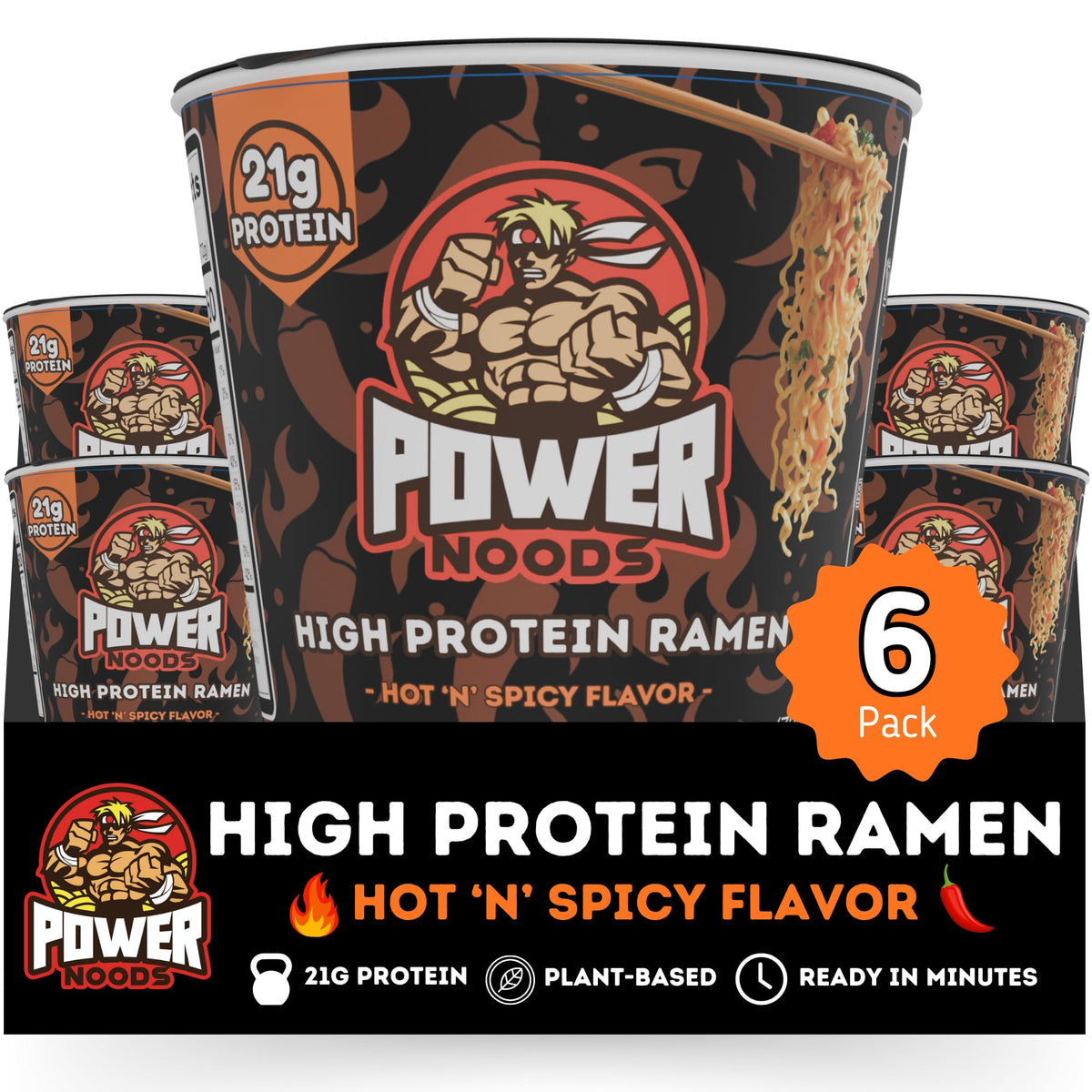 Power Noods High Protein Ramen Noodles – 6 or 12 Pack | Plant-Based, Hot 'N' Spicy