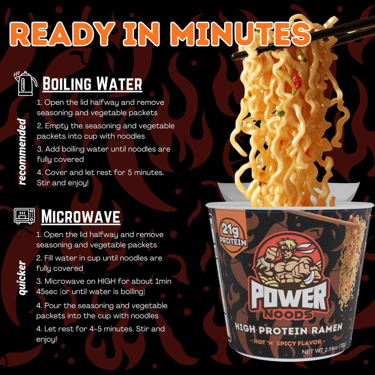 Power Noods High Protein Ramen Noodles – 6 or 12 Pack | Plant-Based, Hot 'N' Spicy