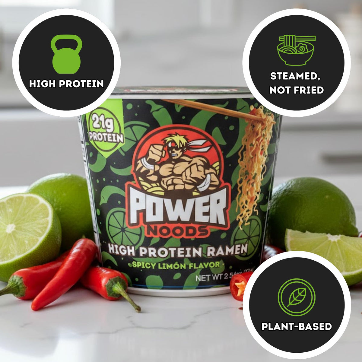Power Noods High Protein Ramen Noodles – 6 or 12 Pack | Plant-Based Instant Meal | Chili Lime