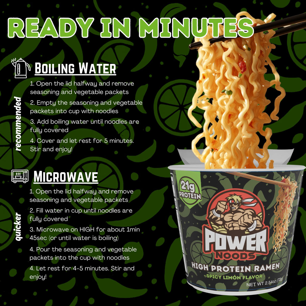 Power Noods High Protein Ramen Noodles – 6 or 12 Pack | Plant-Based Instant Meal | Chili Lime