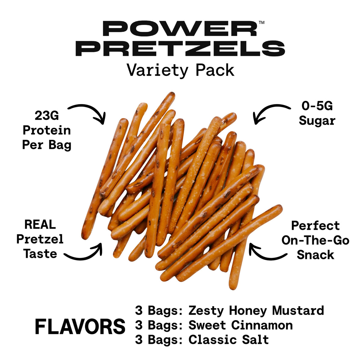 Power Pretzels Variety Pack – 9 Bags, 23g Protein, Vegan