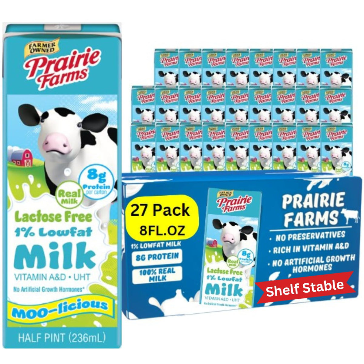 Prairie Farms Lactose Free Shelf-Stable 1% Milk – 8oz Boxes (27 Pack) Vitamin D