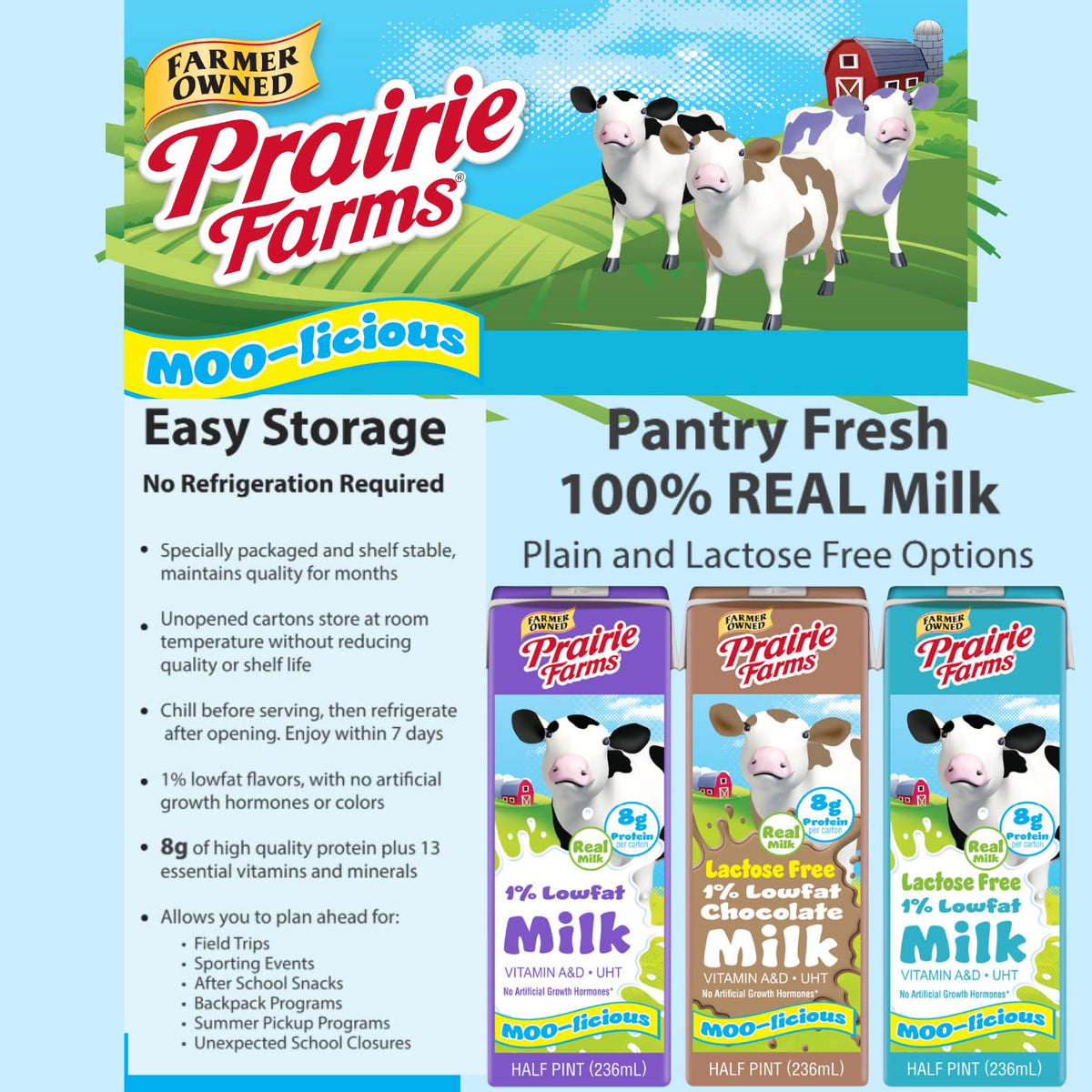 Prairie Farms Lactose Free Shelf-Stable 1% Milk – 8oz Boxes (27 Pack) Vitamin D