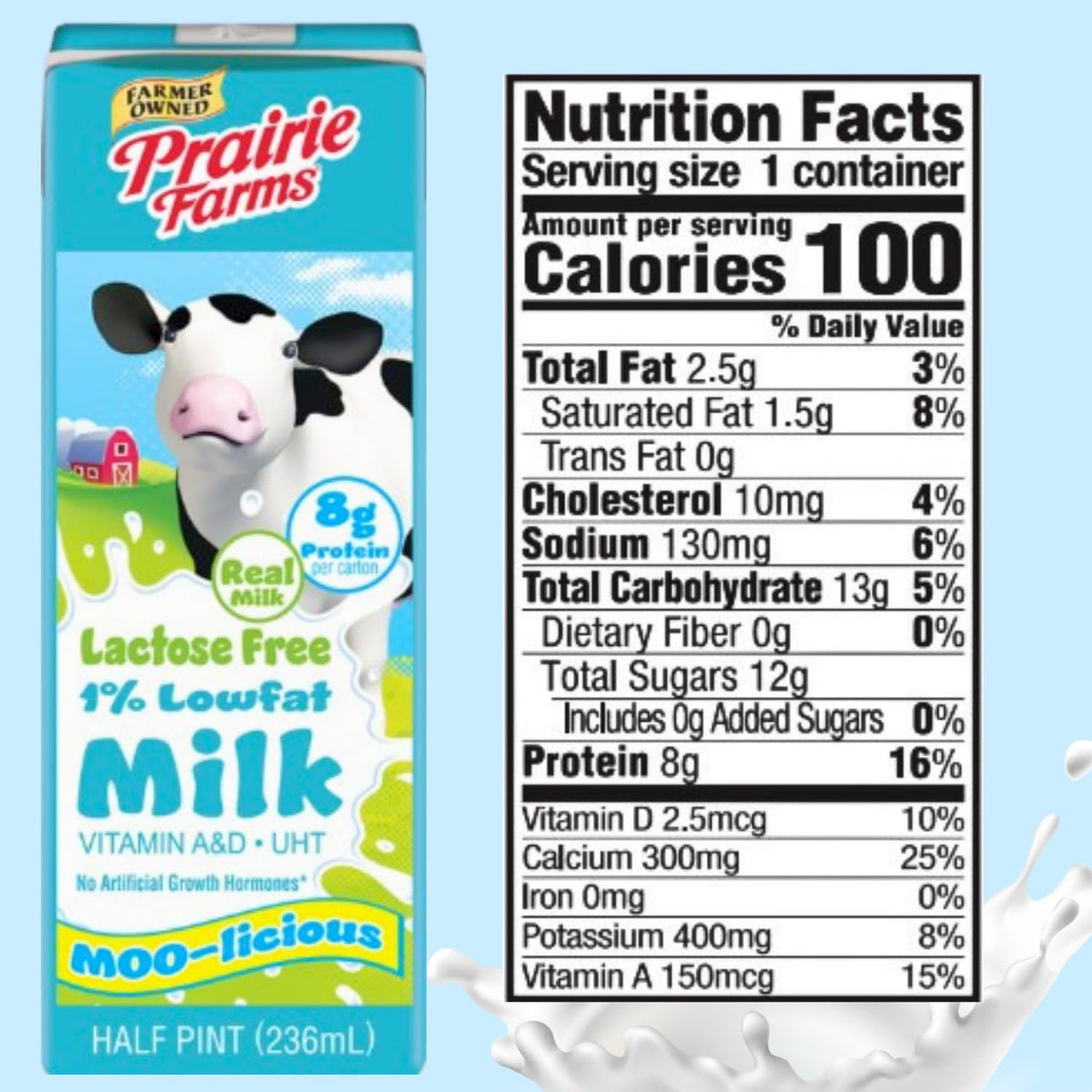 Prairie Farms Lactose Free Shelf-Stable 1% Milk – 8oz Boxes (27 Pack) Vitamin D
