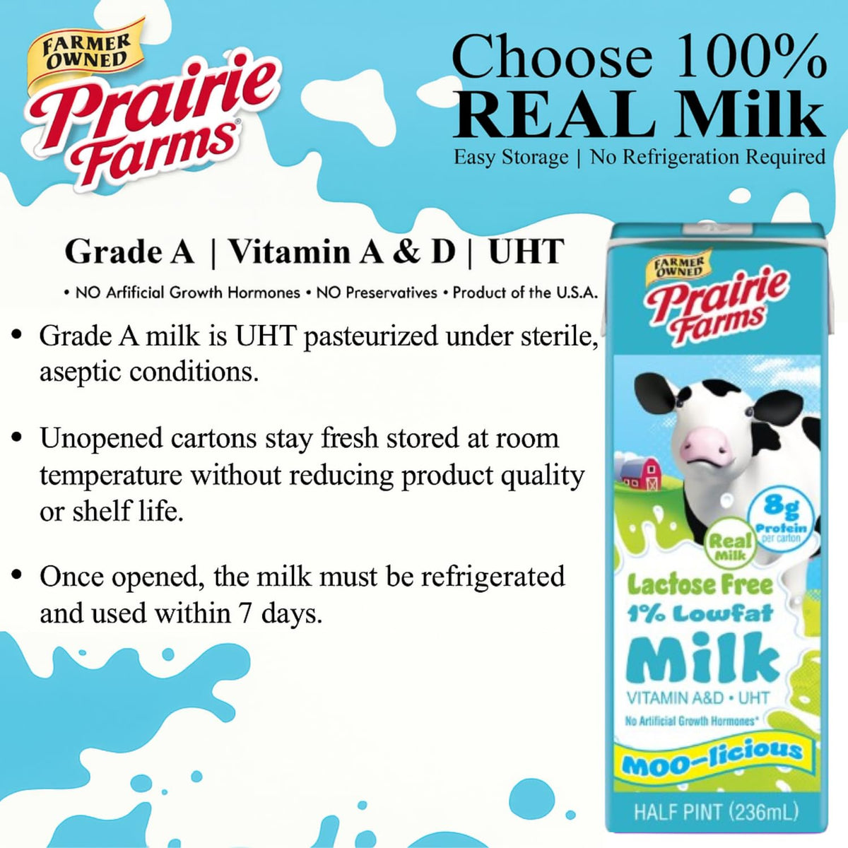 Prairie Farms Lactose Free Shelf-Stable 1% Milk – 8oz Boxes (27 Pack) Vitamin D