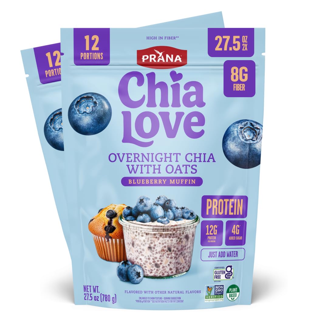 Prana Chialove Overnight Chia with Oats – Blueberry Muffin, 12g Protein, Low Sugar | 2-Pack