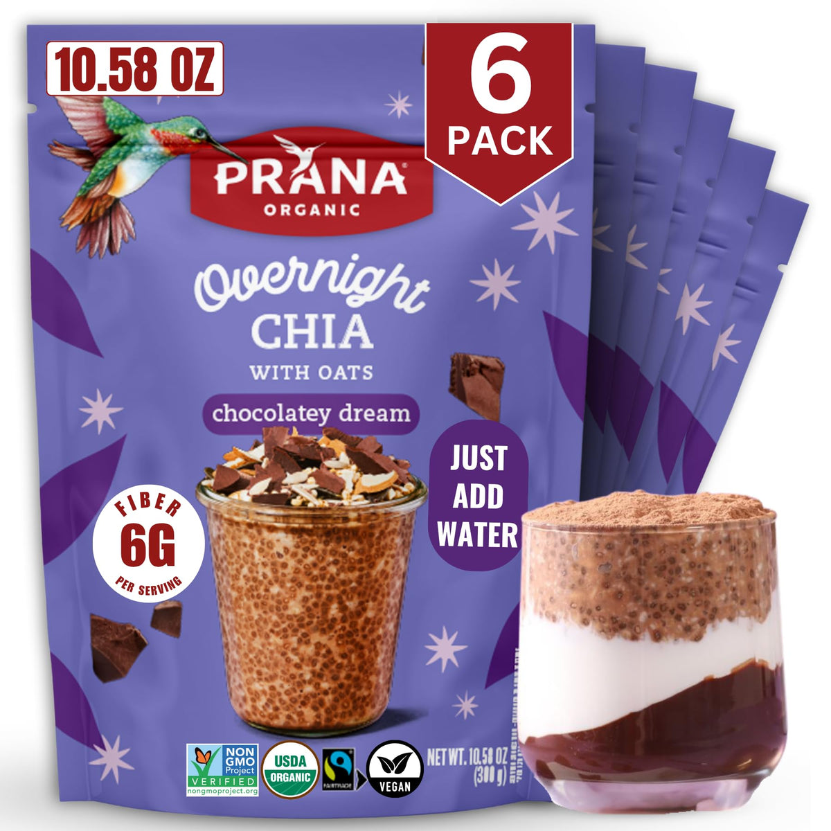 Prana Organic Overnight Chia with Oats Chocolatey Dream – Vegan, High Fiber & Protein, Non-GMO | Fairtrade Chia Pudding 10.58 oz (6 Pack)
