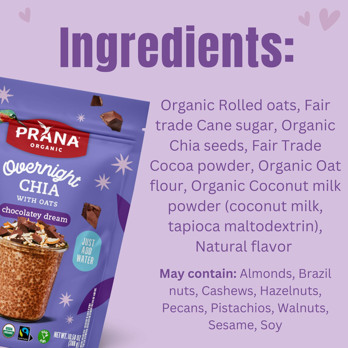 Prana Organic Overnight Chia with Oats Chocolatey Dream – Vegan, High Fiber & Protein, Non-GMO | Fairtrade Chia Pudding 10.58 oz (6 Pack)