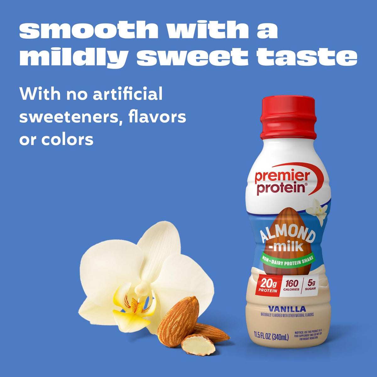 Premier Protein Non-Dairy Almondmilk Protein Shake Vanilla — 20g Plant-Based Protein, 5g Sugar, 11.5 fl oz (12 Pack)