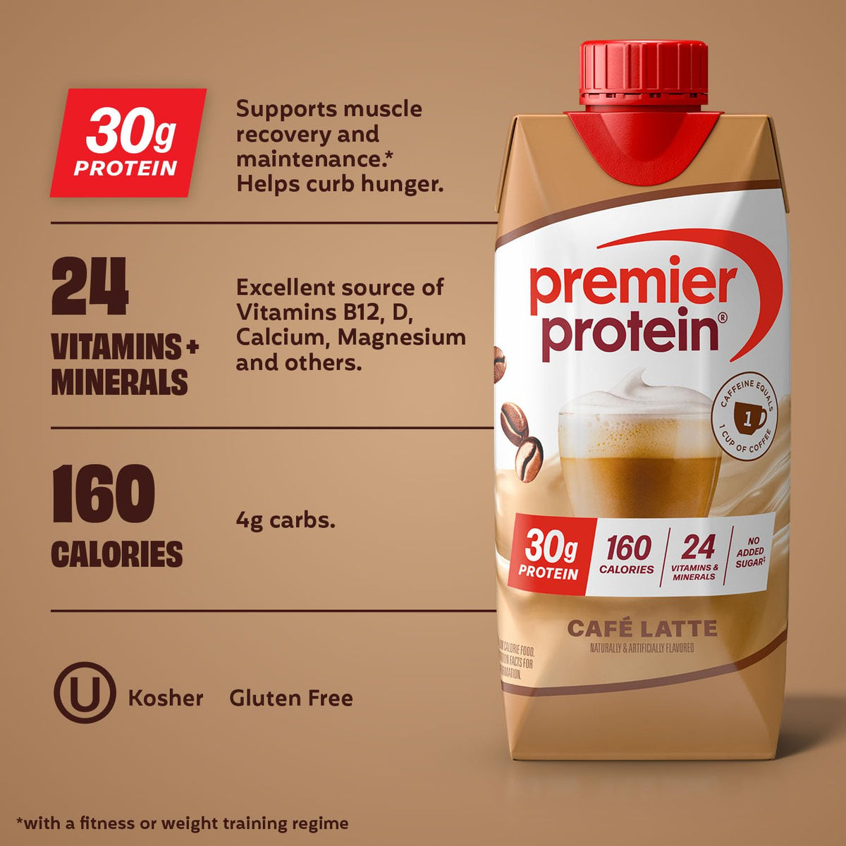Premier Protein Shake Cafe Latte with Caffeine – 30g Protein, 1g Sugar, 24 Vitamins & Minerals, 11 oz, 12 Pack