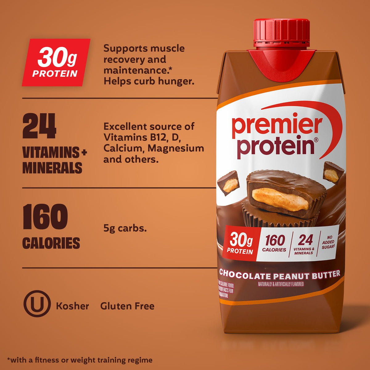 Premier Protein Shake – Chocolate Peanut Butter, 30g Protein, 1g Sugar, 11 fl oz, 12-Pack