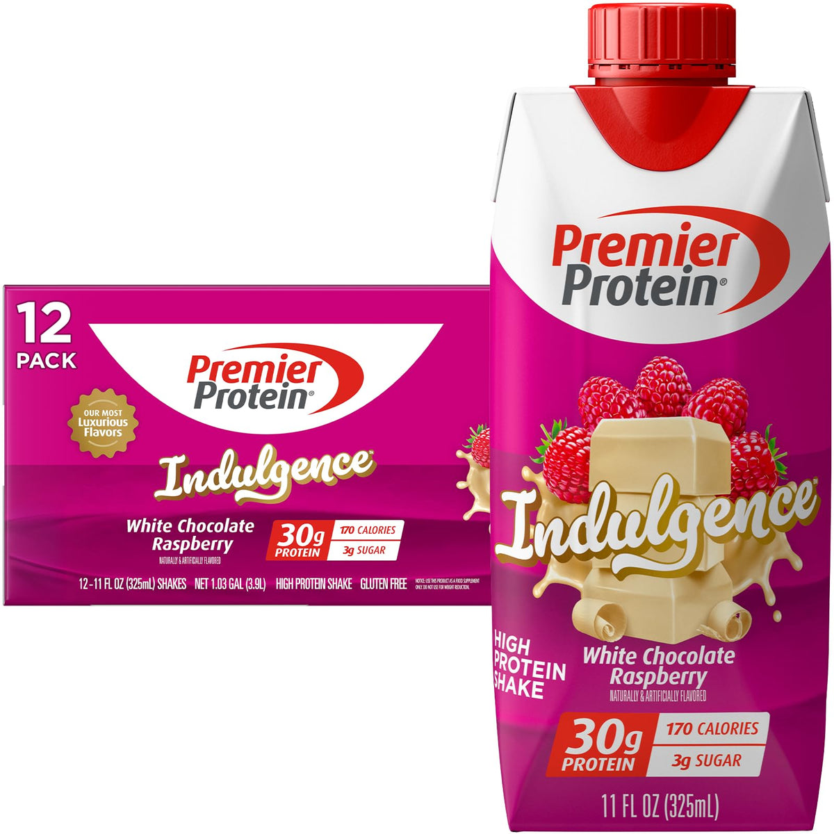 Premier Protein Shake Indulgence White Chocolate Raspberry | 30g Protein, 170 Calories, 3g Sugar, 11 fl oz, 12 Pack