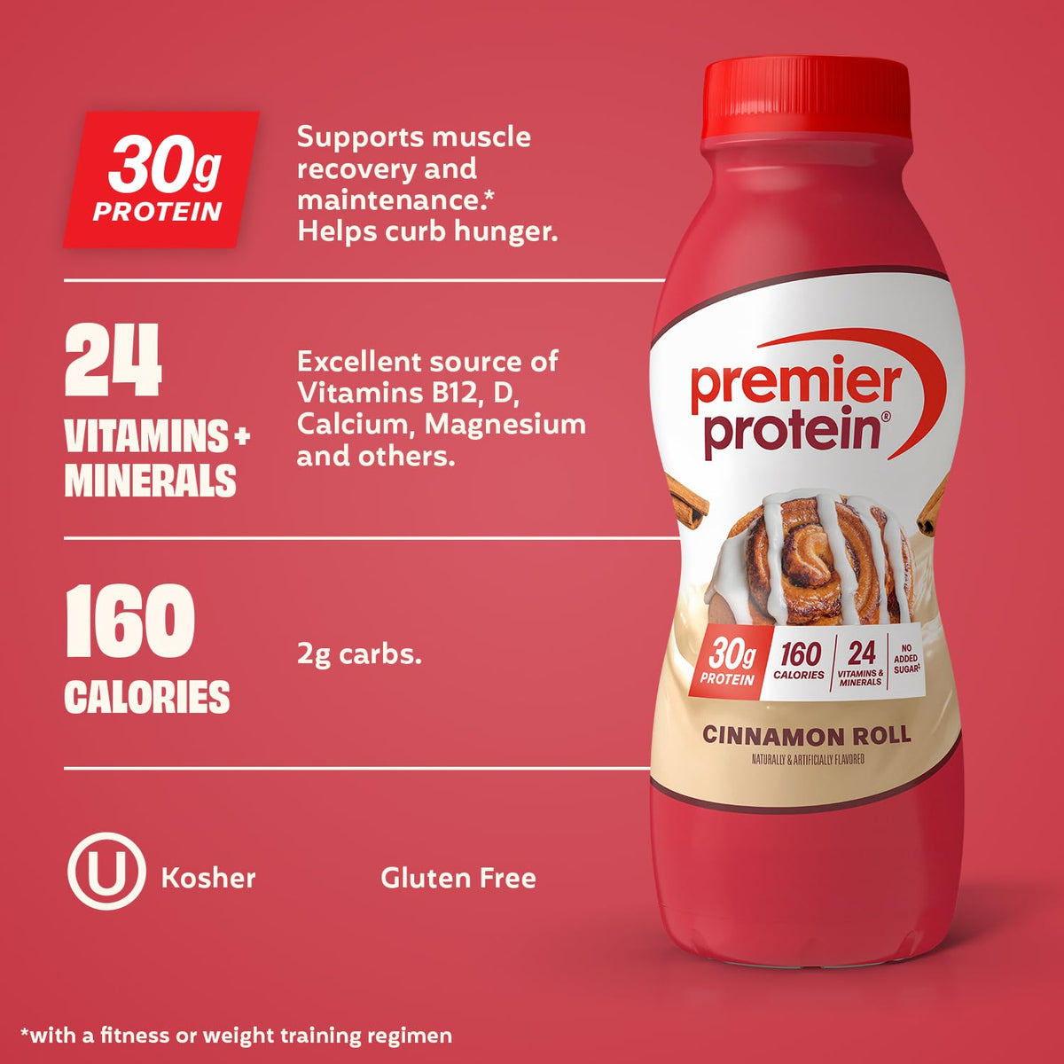 Premier Protein Shake Cinnamon Roll — 30g Protein, 1g Sugar, 24 Vitamins & Minerals, 11.5 fl oz, 12 Pack
