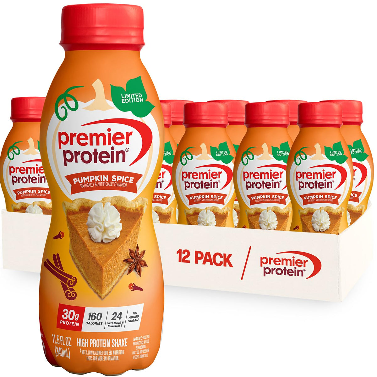 Premier Protein Shake – LIMITED EDITION Pumpkin Spice, 30g Protein, 1g Sugar, 24 Vitamins, 11.5 fl oz, 12 Pack