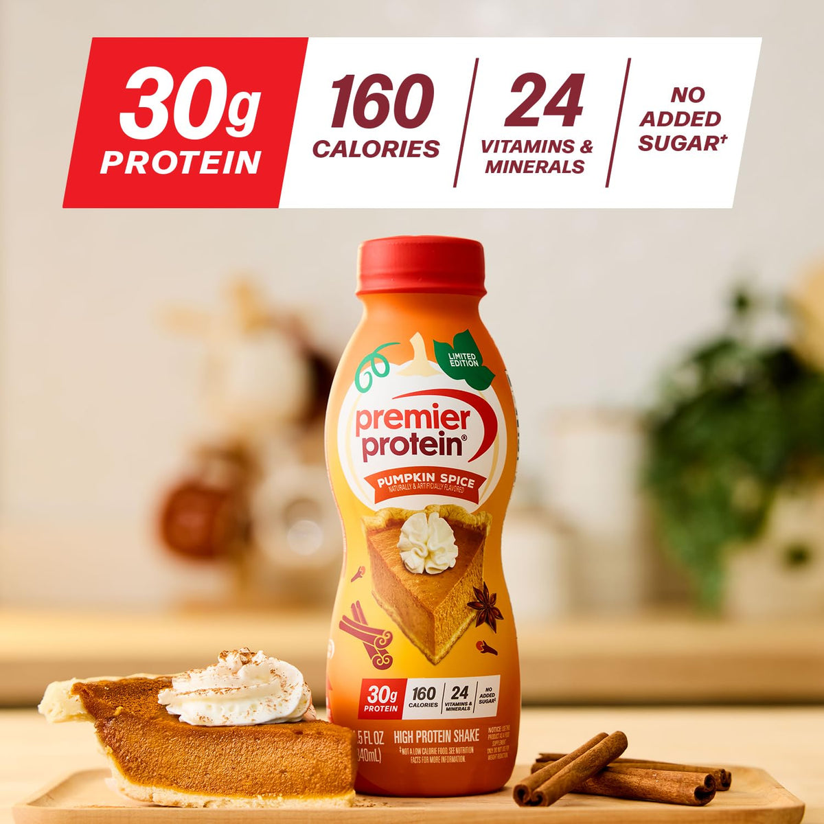 Premier Protein Shake – LIMITED EDITION Pumpkin Spice, 30g Protein, 1g Sugar, 24 Vitamins, 11.5 fl oz, 12 Pack