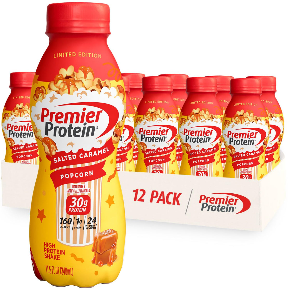 Premier Protein Shake LIMITED EDITION Salted Caramel Popcorn — 30g Protein, 1g Sugar, 11.5 fl oz, 12 Pack
