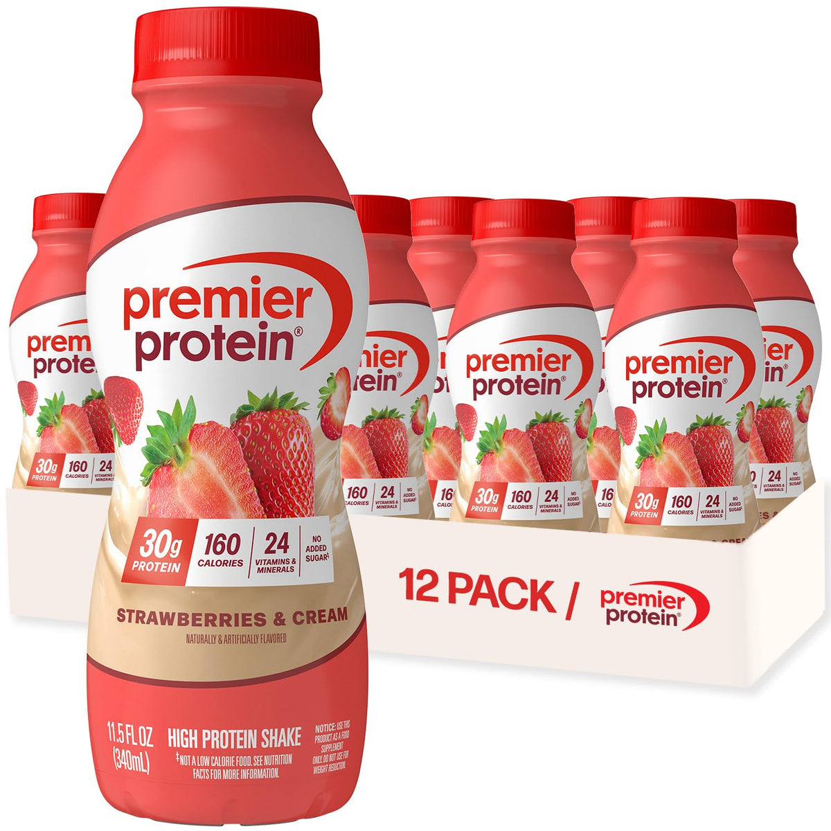 Premier Protein Shake Strawberries & Cream – 30g Protein, No Added Sugar, 11.5 oz, 12 Pack