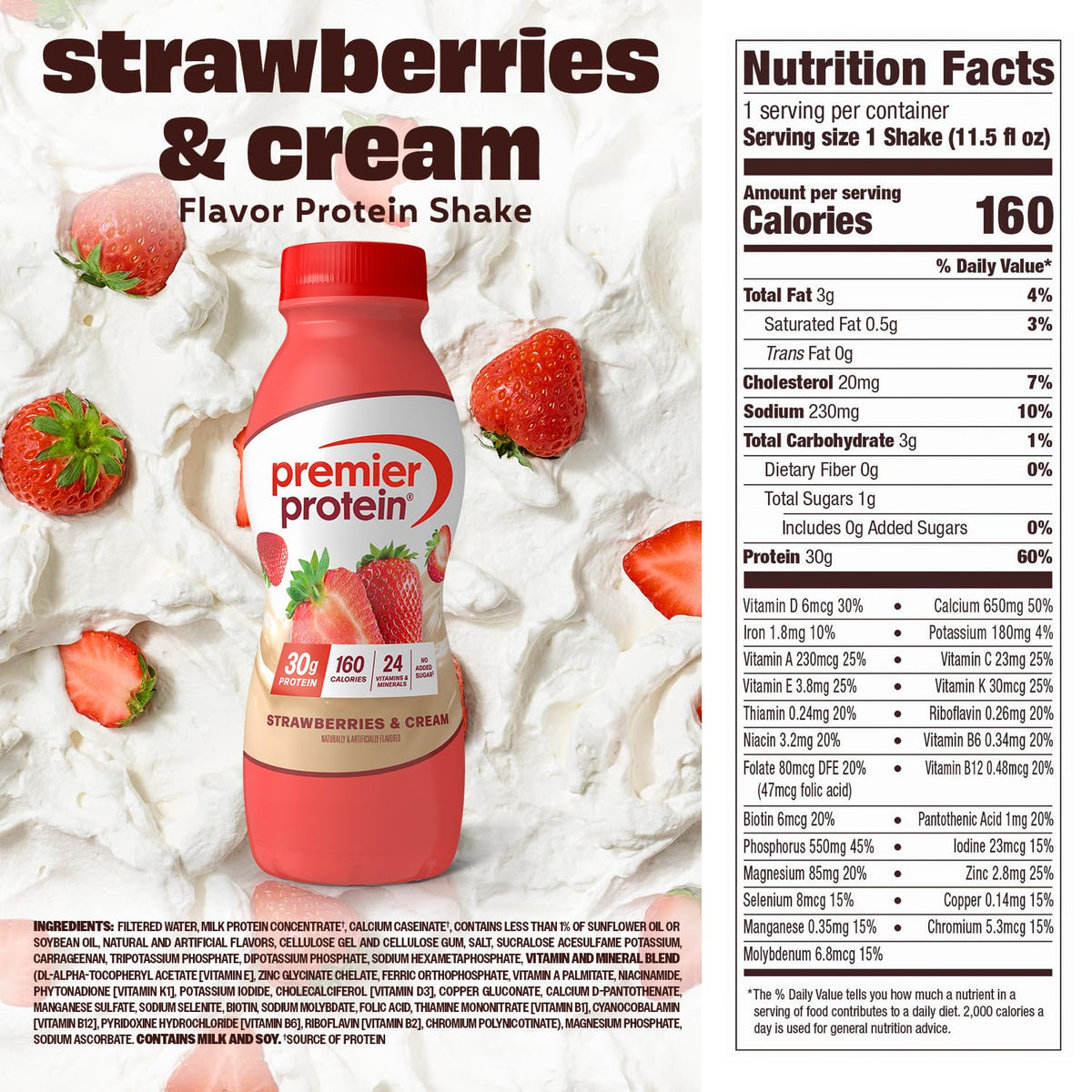 Premier Protein Shake Strawberries & Cream – 30g Protein, No Added Sugar, 11.5 oz, 12 Pack