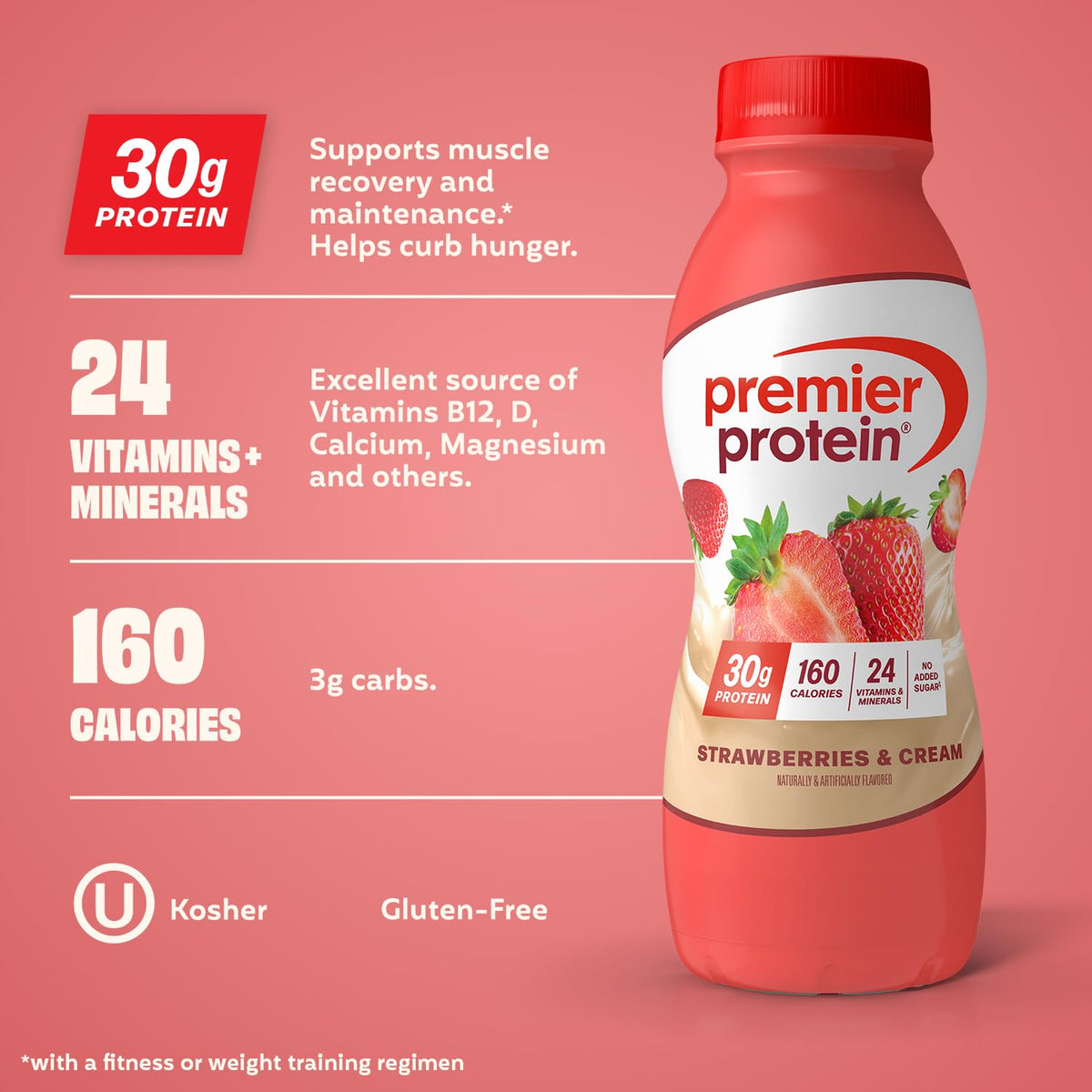 Premier Protein Shake Strawberries & Cream – 30g Protein, No Added Sugar, 11.5 oz, 12 Pack