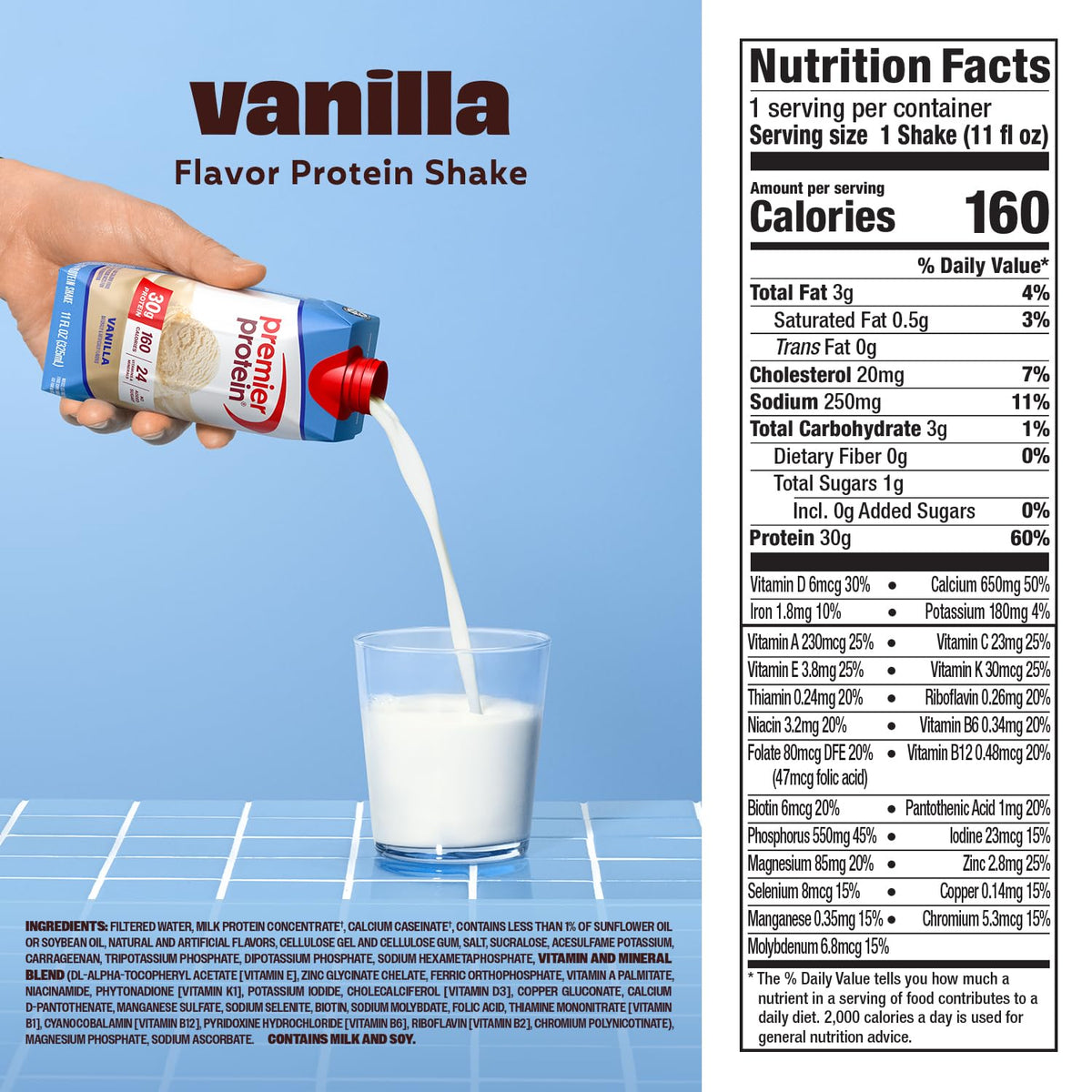 Premier Protein Shake Vanilla – 30g Protein, 1g Sugar, 11 oz, 12 Pack