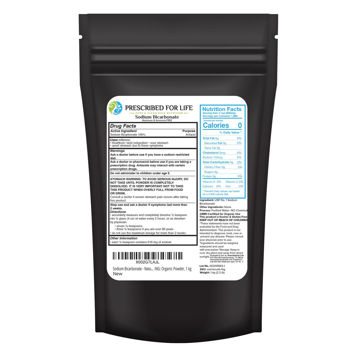 Prescribed For Life Organic Sodium Bicarbonate Powder – USP Grade, Aluminum-Free, 1kg