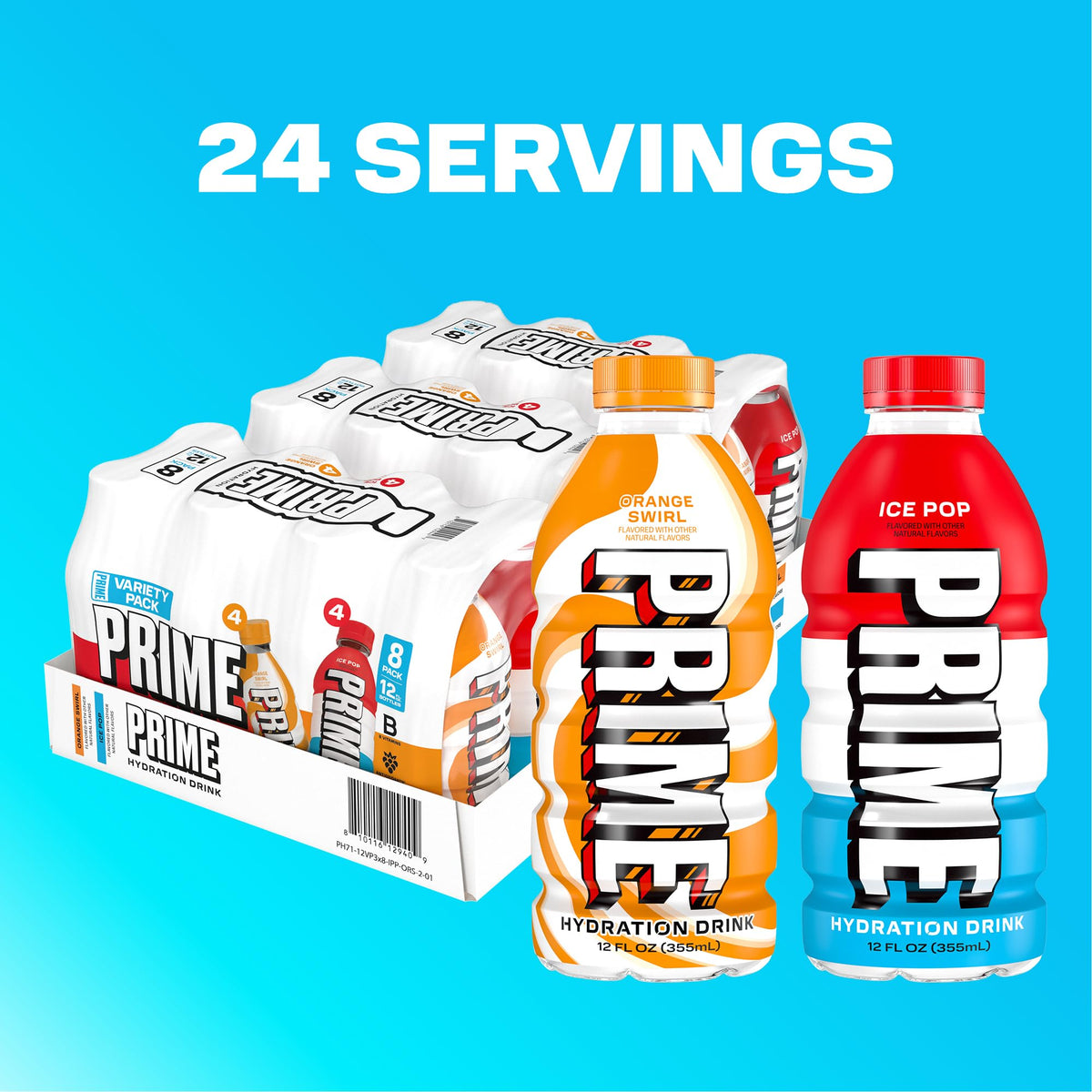 PRIME Hydration Ice Pop & Orange Swirl — Electrolyte Drink with Coconut Water, Zero Added Sugar, 12 Fl Oz 24 Pack