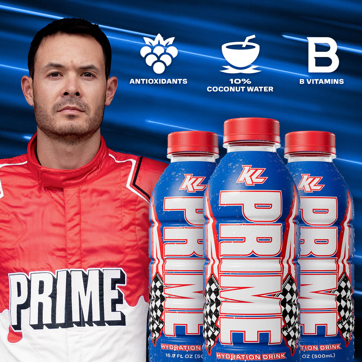 PRIME Hydration Kyle Larson – Electrolyte Drink with BCAAs, Low Sugar, 16.9 oz, 12 Pack