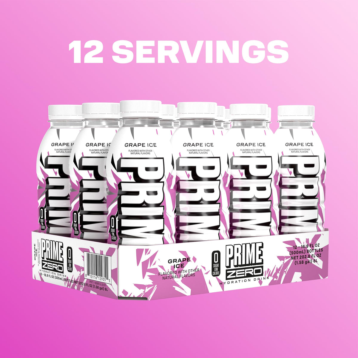 PRIME ZERO GRAPE ICE — Sugar Free Electrolyte Drink, 16.9oz, 12 Pack