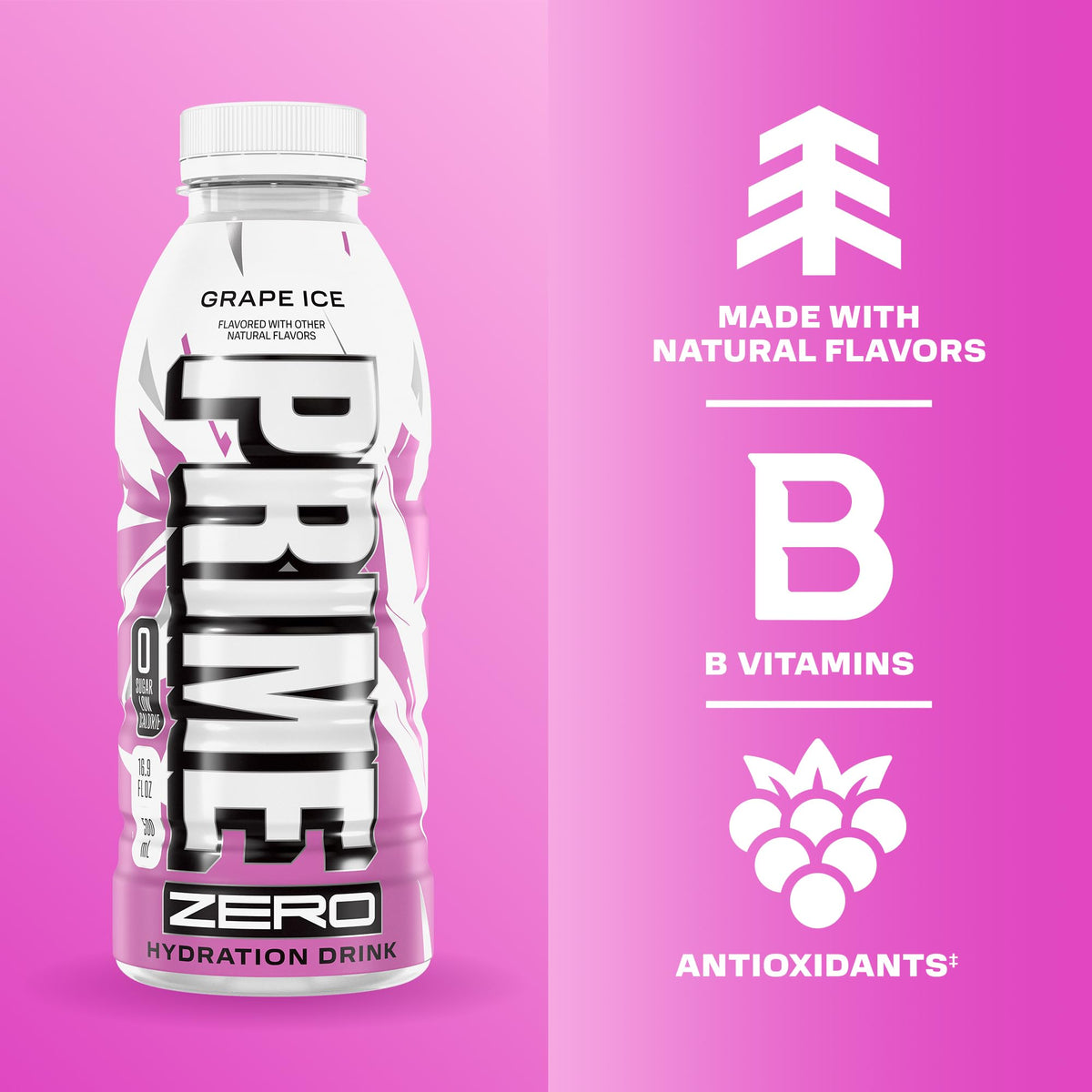 PRIME ZERO GRAPE ICE — Sugar Free Electrolyte Drink, 16.9oz, 12 Pack
