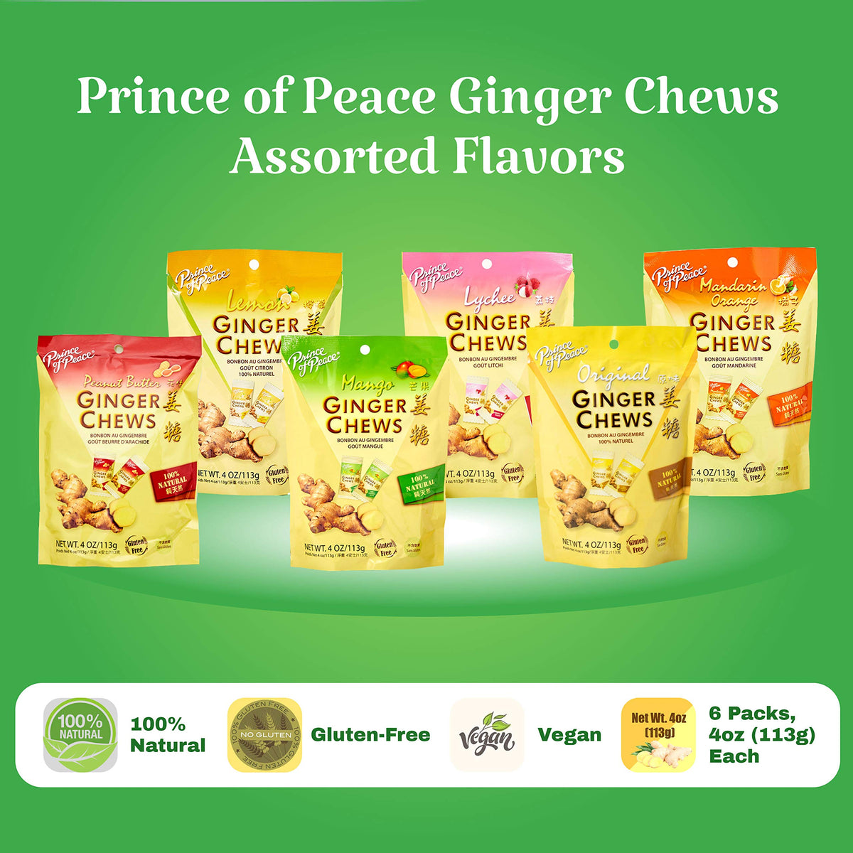Prince Of Peace Ginger Chews 6-Pack — 6 Flavors (Original, Lemon, Orange, Mango, Lychee, Peanut Butter) | 100% Natural, Vegan, Gluten-Free