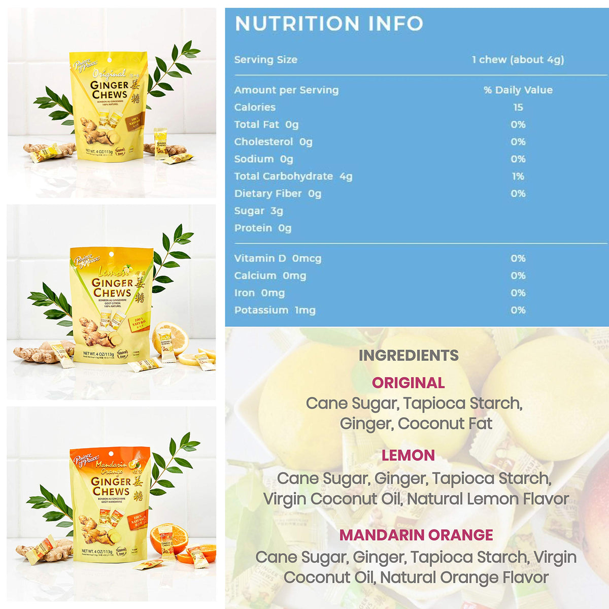 Prince Of Peace Ginger Chews 6-Pack — 6 Flavors (Original, Lemon, Orange, Mango, Lychee, Peanut Butter) | 100% Natural, Vegan, Gluten-Free