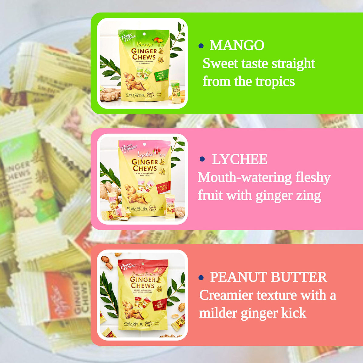 Prince Of Peace Ginger Chews 6-Pack — 6 Flavors (Original, Lemon, Orange, Mango, Lychee, Peanut Butter) | 100% Natural, Vegan, Gluten-Free