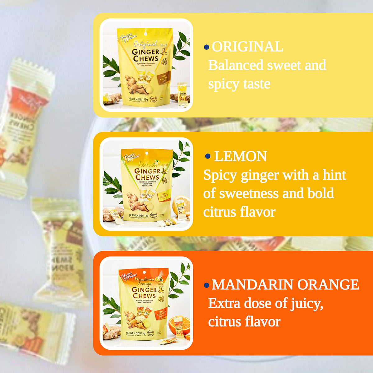 Prince Of Peace Ginger Chews 6-Pack — 6 Flavors (Original, Lemon, Orange, Mango, Lychee, Peanut Butter) | 100% Natural, Vegan, Gluten-Free