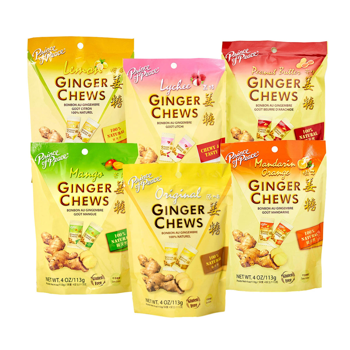 Prince Of Peace Ginger Chews 6-Pack — 6 Flavors (Original, Lemon, Orange, Mango, Lychee, Peanut Butter) | 100% Natural, Vegan, Gluten-Free