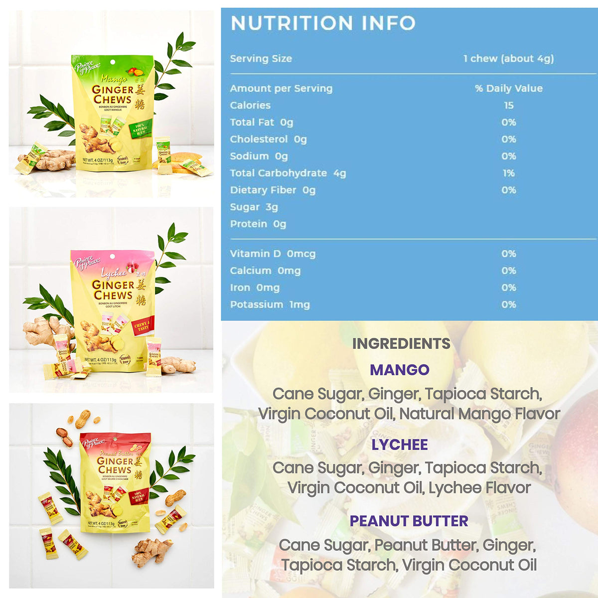 Prince Of Peace Ginger Chews 6-Pack — 6 Flavors (Original, Lemon, Orange, Mango, Lychee, Peanut Butter) | 100% Natural, Vegan, Gluten-Free